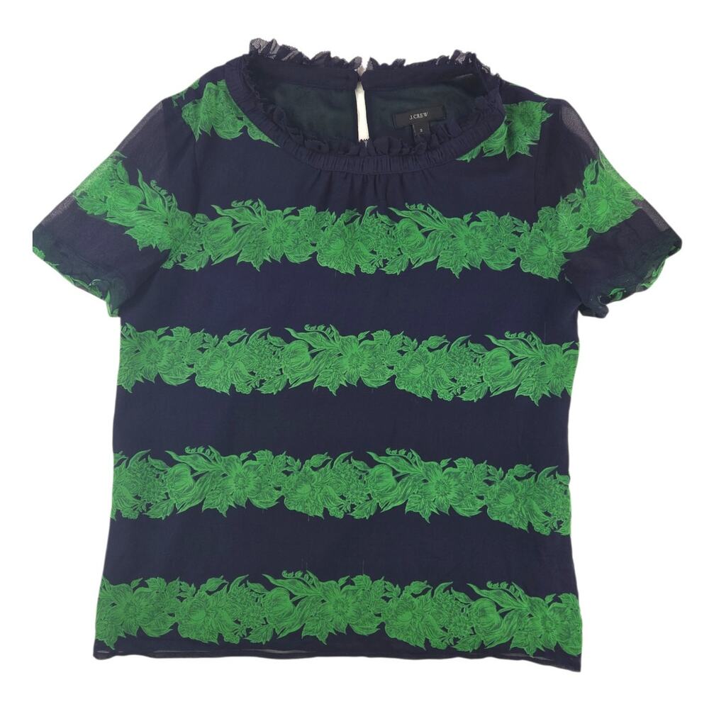 J.Crew | Navy & Green 100% Silk Ruffle Neck Shirt | Size 2 - Picture 3 of 7